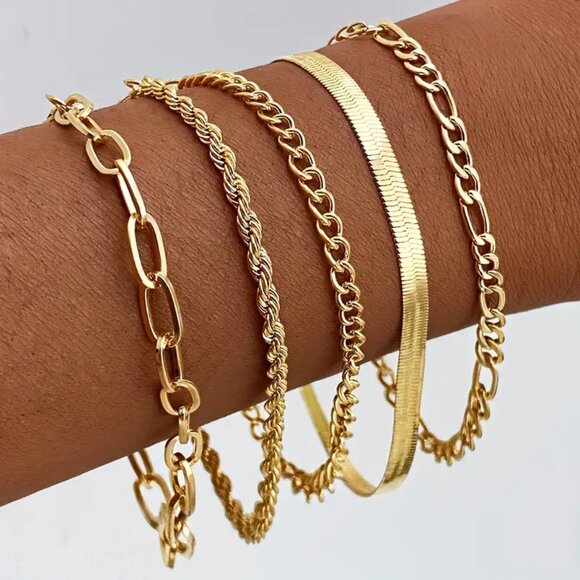 Layered Golden Bracelets, Vintage & Minimalist Style, Multi-Strand Snake Bone - Picture 1 of 2